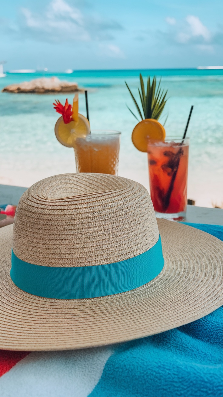 A chic straw hat with a teal ribbon resting on a colorful towel, with tropical drinks and a beautiful beach view in the background.