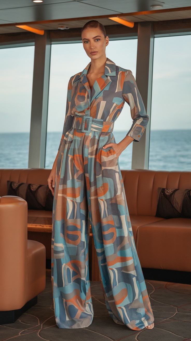 Chic jumpsuit worn by a model on a cruise ship, showcasing a stylish design with a colorful pattern.