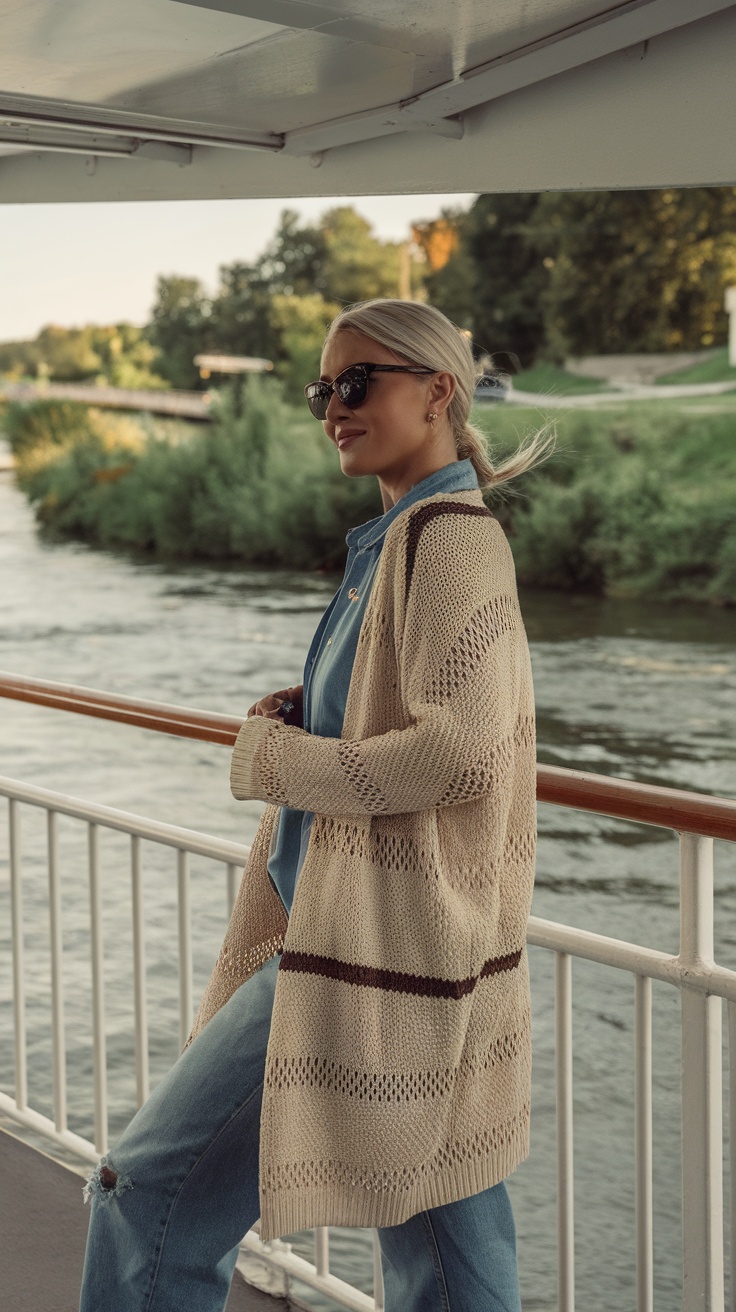 A woman in a lightweight cardigan stands on a river cruise, enjoying the view.