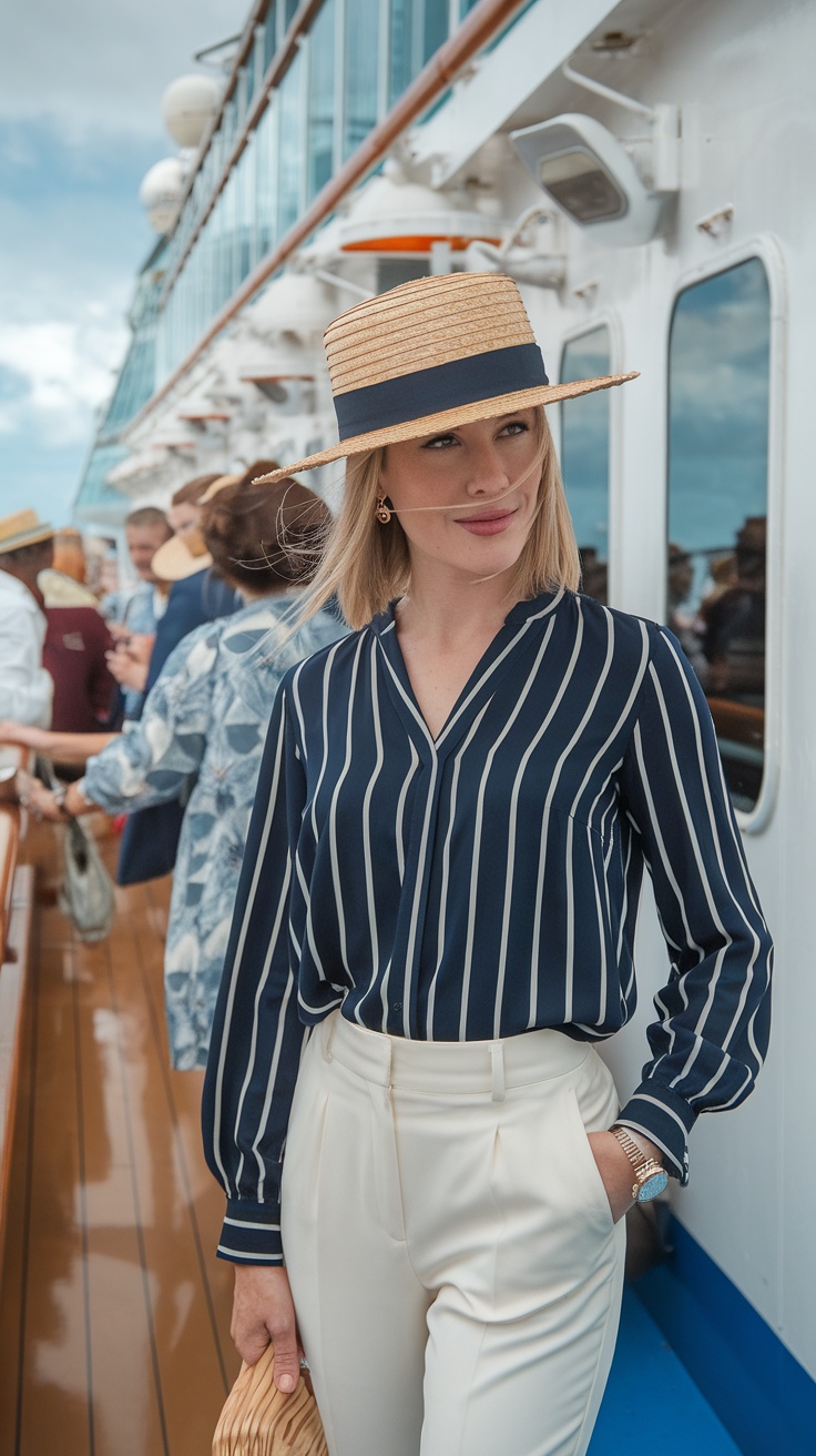 A woman in a navy striped blouse and white trousers, wearing a wide-brim straw hat on a cruise ship.