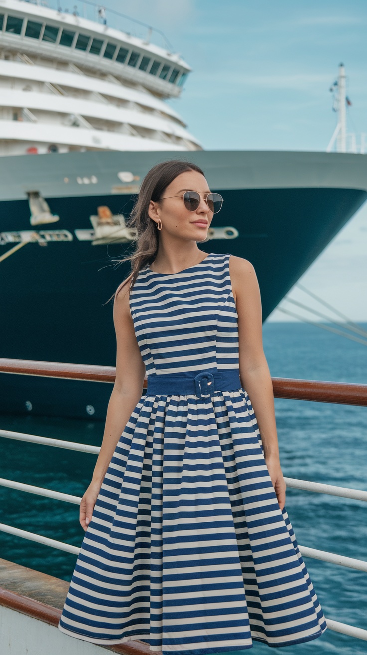 A woman wearing a striped dress on a cruise ship.