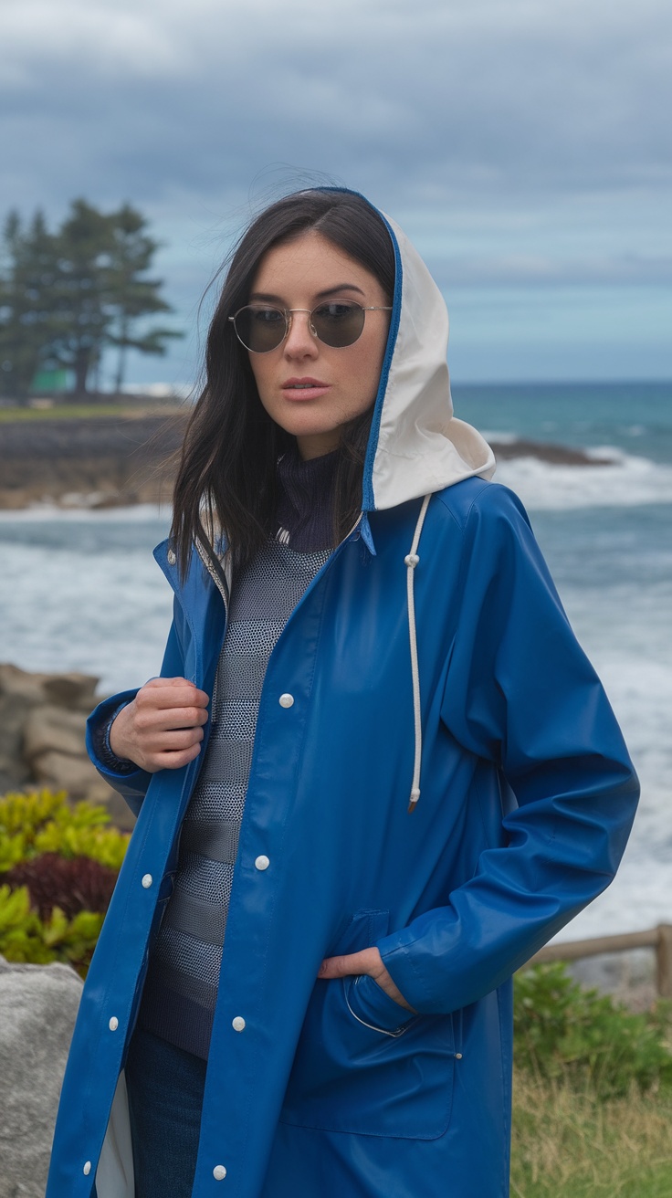 A woman wearing a chic blue raincoat with a hood, sunglasses, and a cozy sweater, standing by the coast.