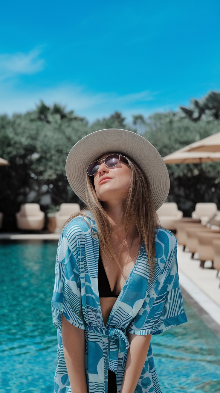 A woman in a blue patterned swim cover-up, standing by a pool, wearing sunglasses and a wide-brimmed hat.