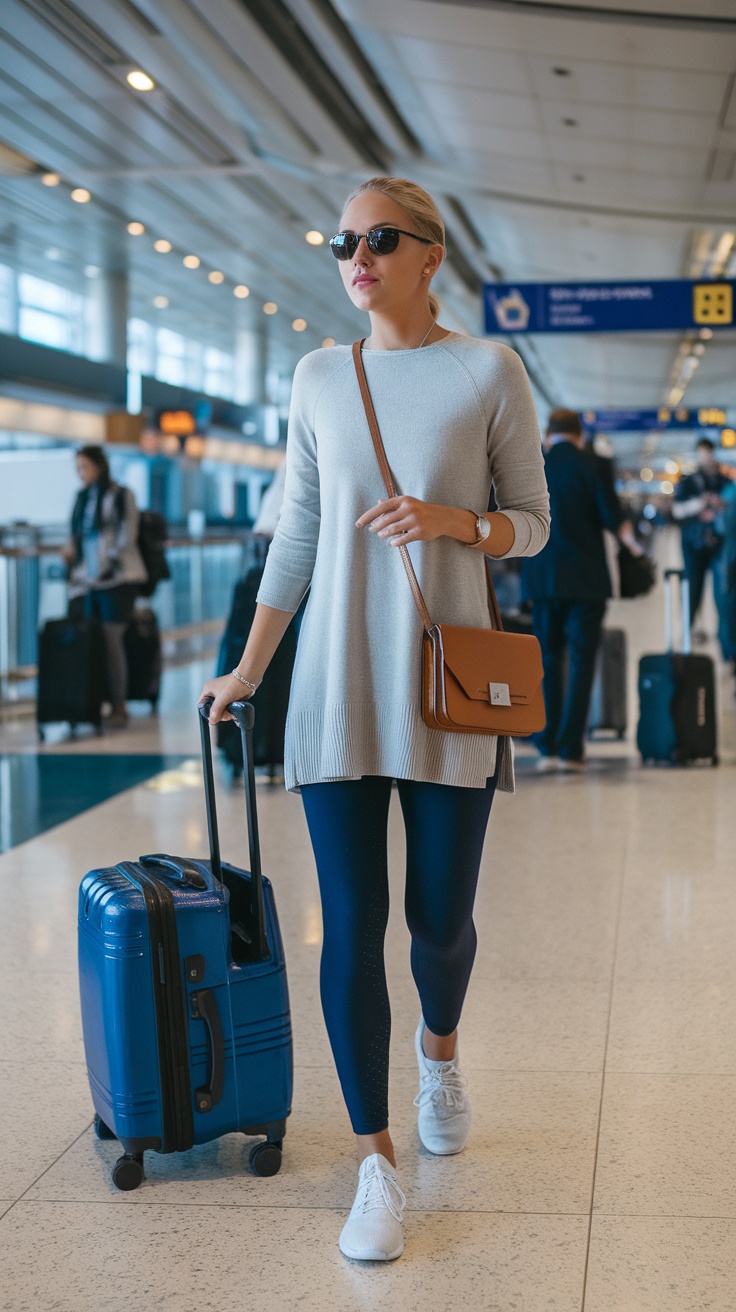 A woman in a cozy sweater and leggings walking through an airport with a suitcase.