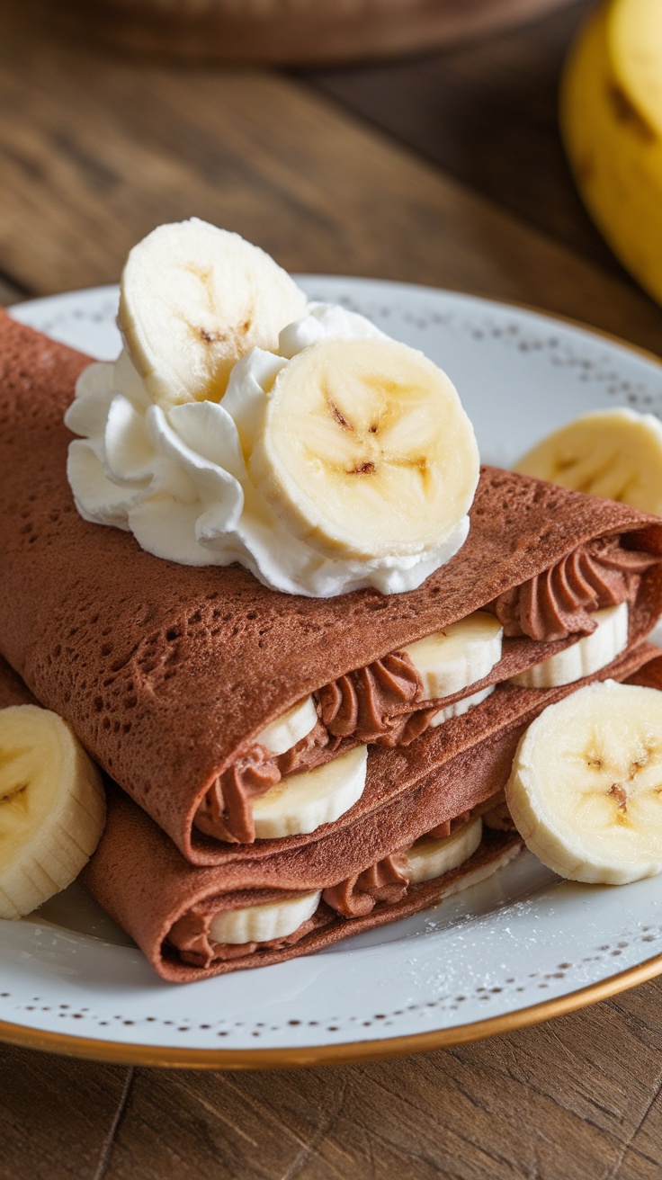 Chocolate banana crepes topped with whipped cream and banana slices