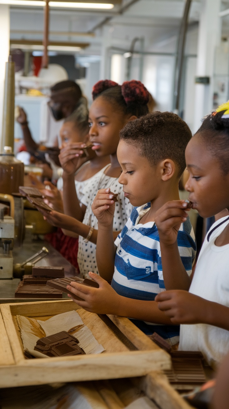 Kids sampling chocolate during a tour at a chocolate factory in St. Lucia