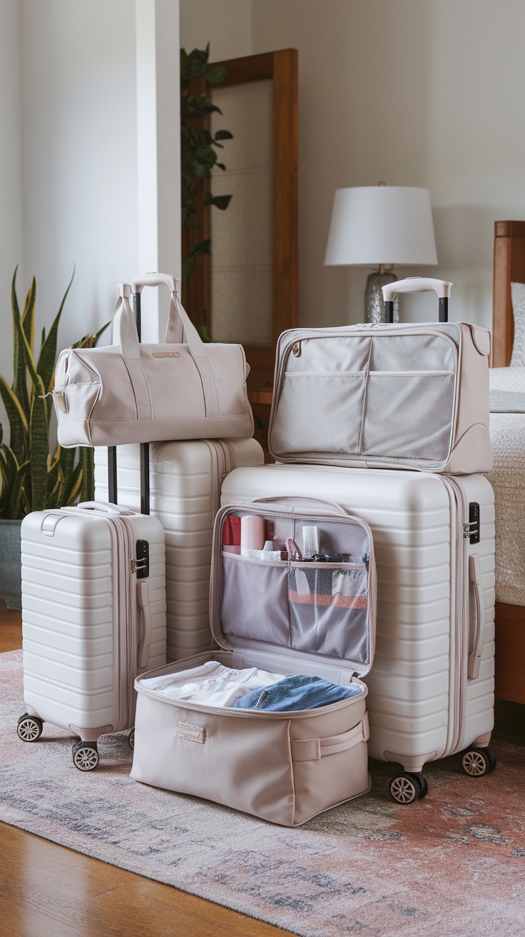 A collection of stylish, soft pink luggage including a suitcase, a smaller carry-on, and a packing cube.
