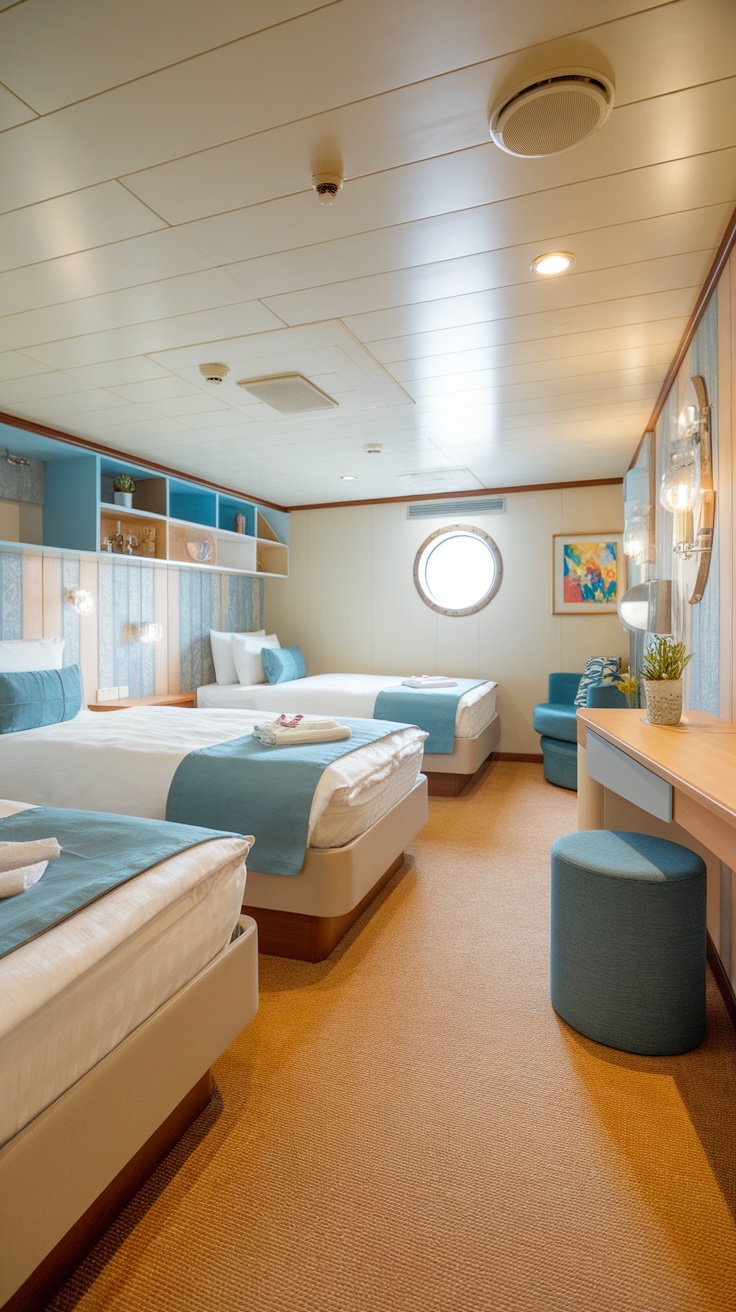 Spacious family stateroom with two beds and a round window