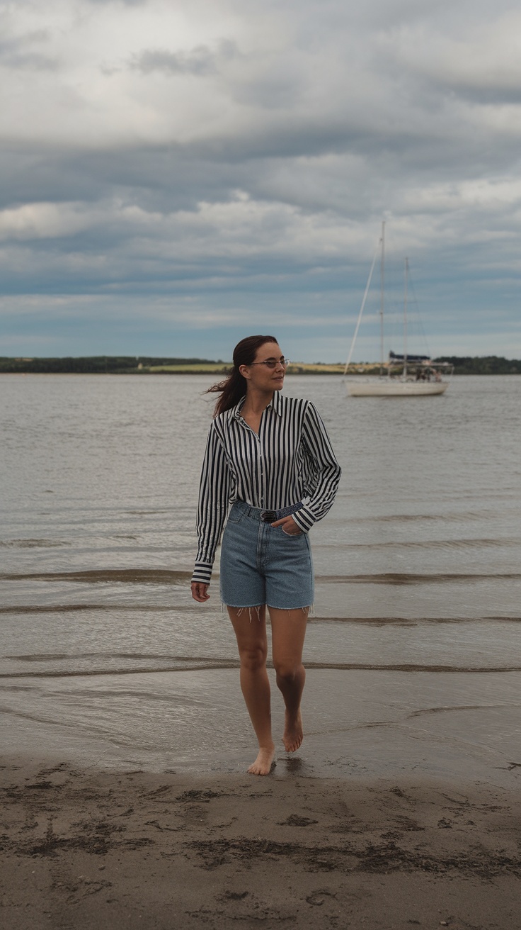 A woman walking barefoot on the beach wearing a striped shirt and denim shorts with a sailboat in the background.