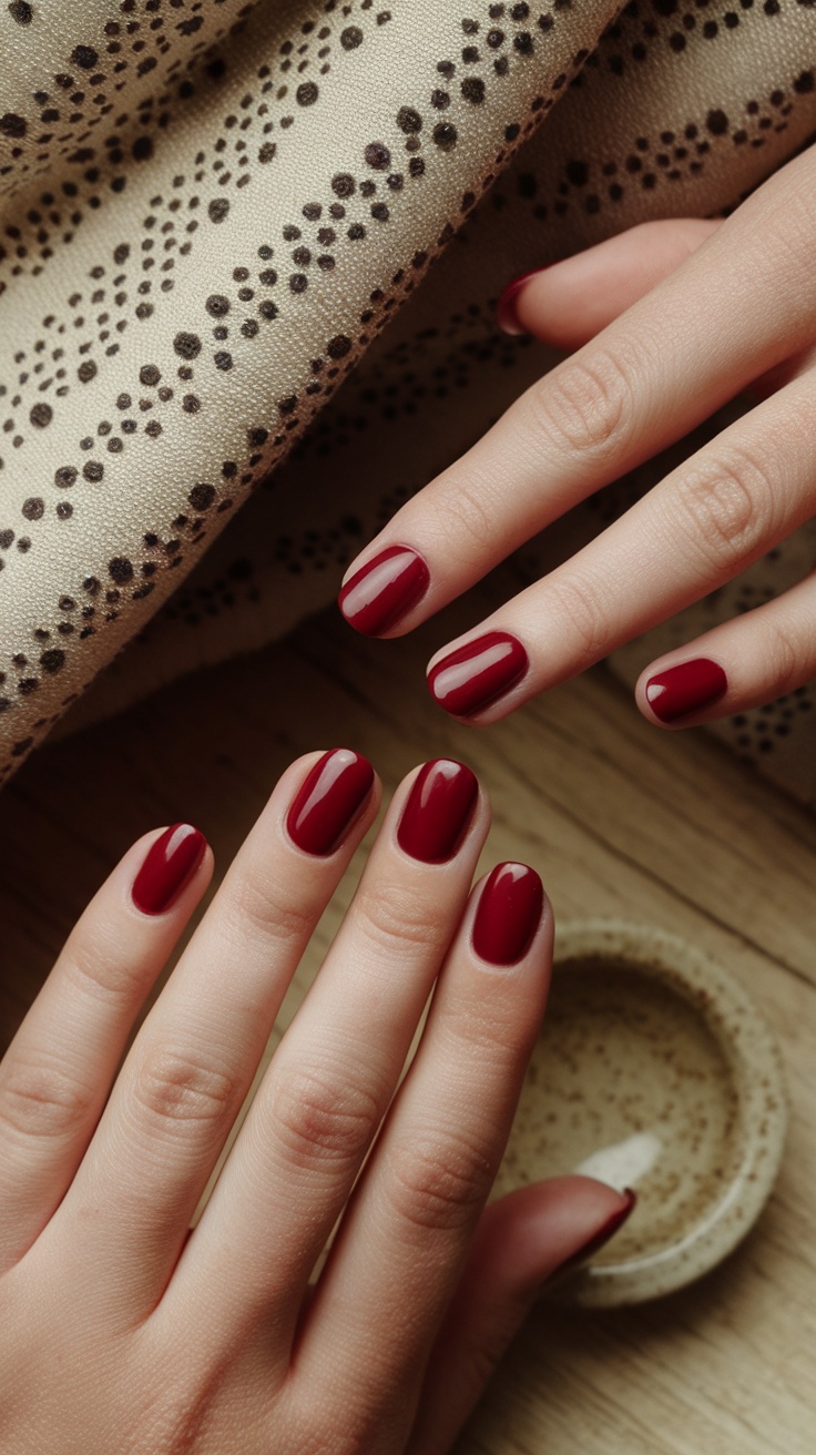 Two hands with short, glossy red nails resting on a patterned fabric.