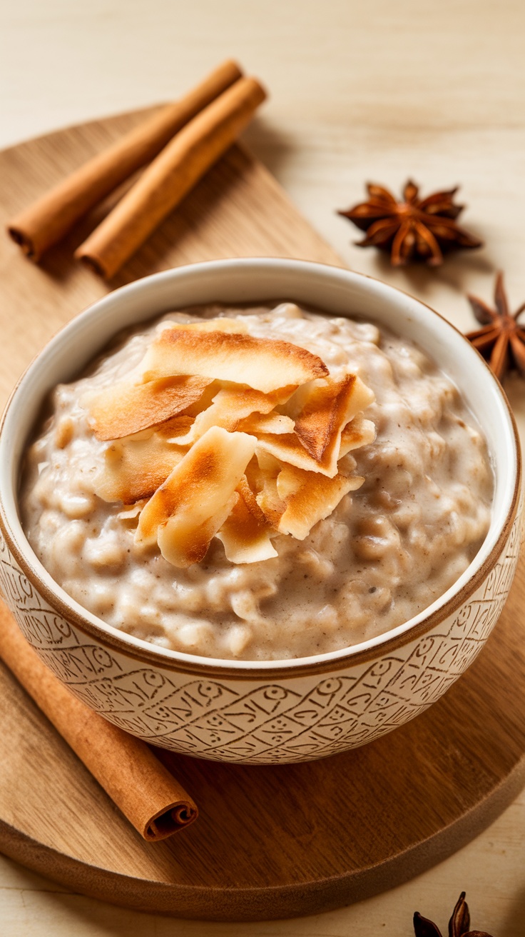 A bowl of coconut rice pudding topped with toasted coconut flakes, surrounded by cinnamon sticks and star anise.
