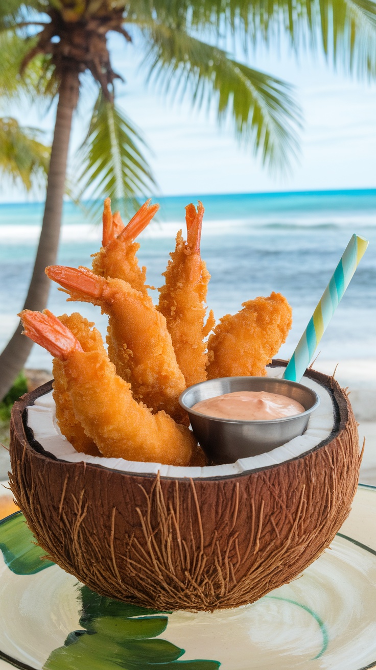 Crispy coconut shrimp served in a coconut shell with a dipping sauce.