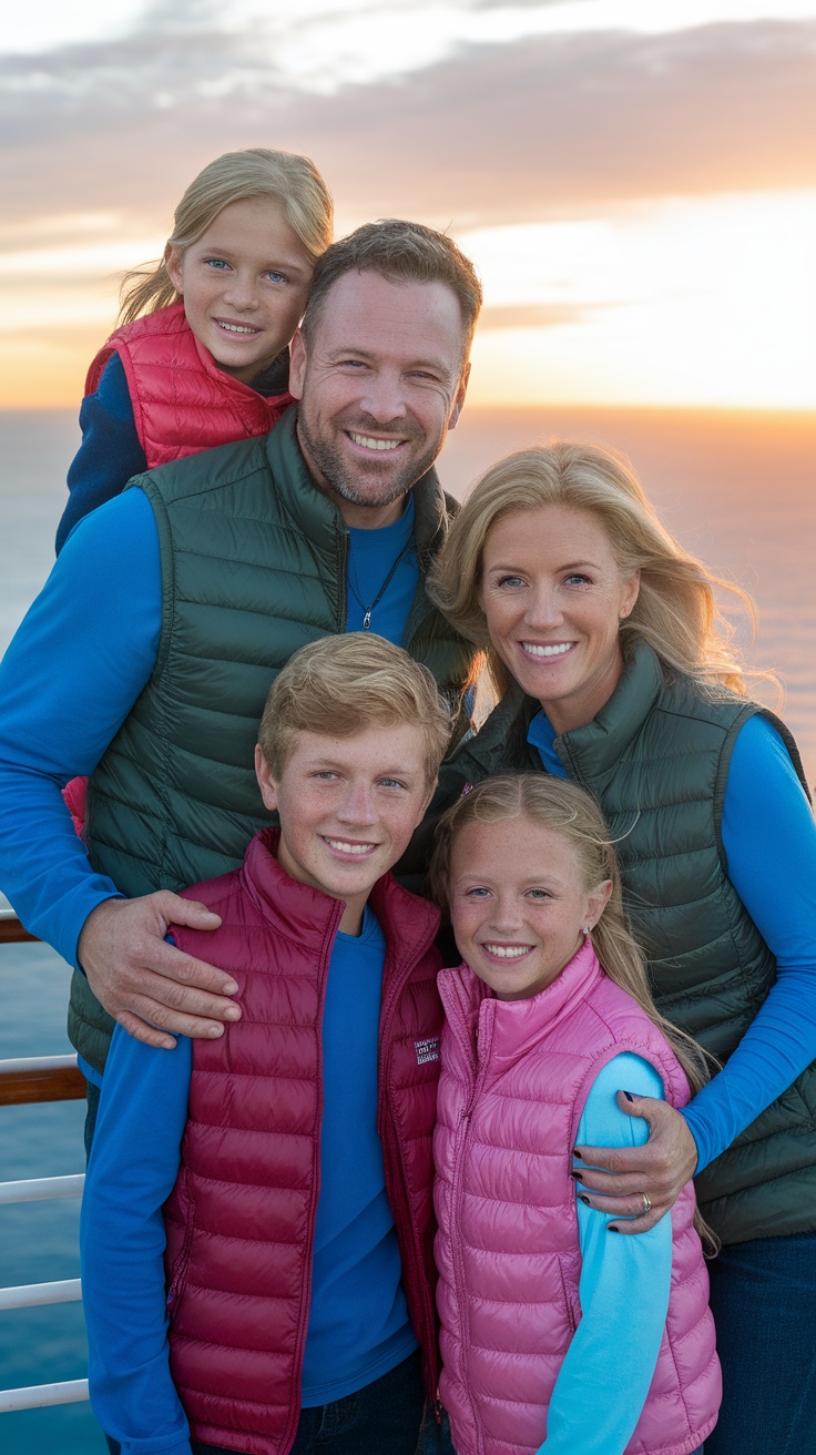 A family smiling together on a cruise with a sunset background.