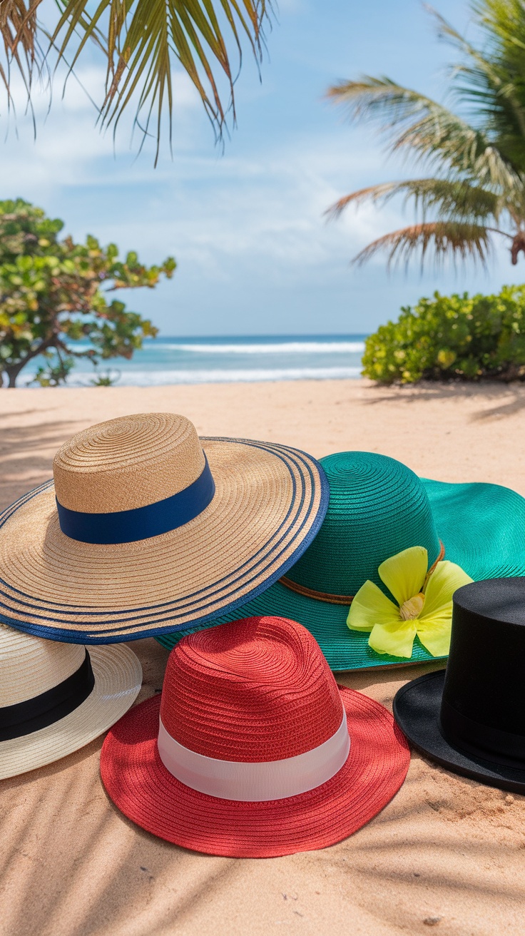 Colorful beach hats on a sandy beach with ocean in the background