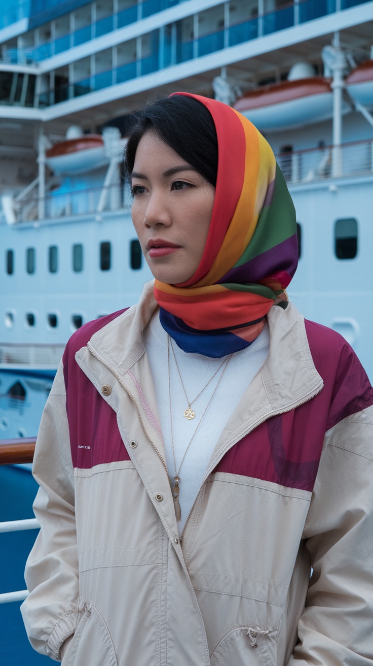 A woman wearing a colorful scarf and a lightweight jacket on a cruise ship.