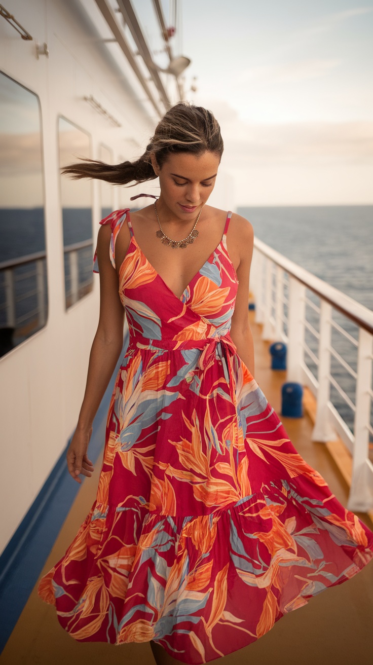 A woman in a colorful sundress walking on the deck of a cruise ship.