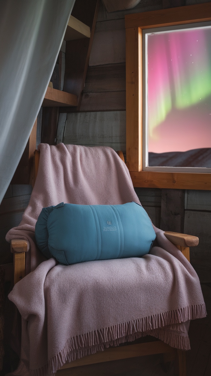 A cozy setup featuring a pink blanket and a blue travel pillow, with the Northern Lights visible through a window.