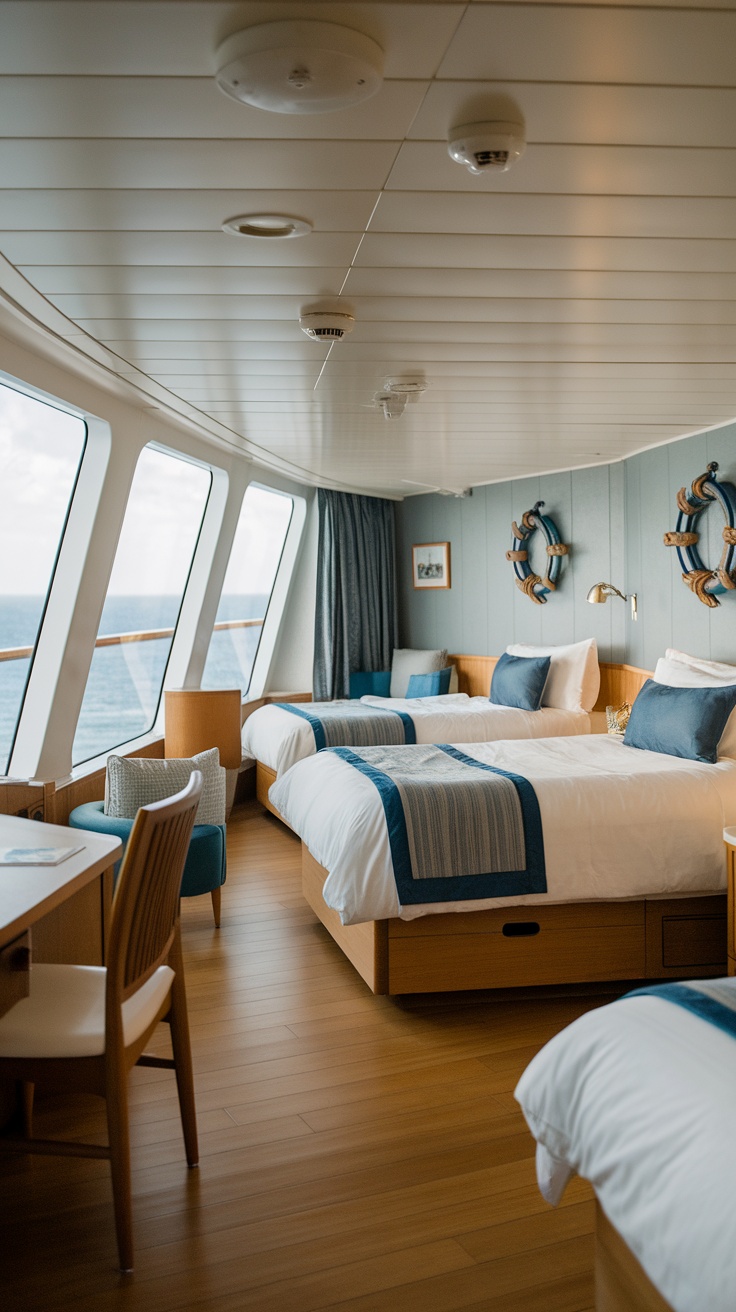A modern and spacious family cruise cabin with two beds, a table, and ocean views.