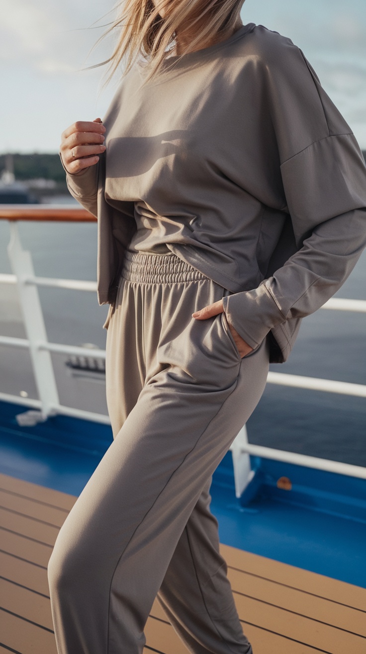 A woman in comfortable athleisure wear on a cruise ship.
