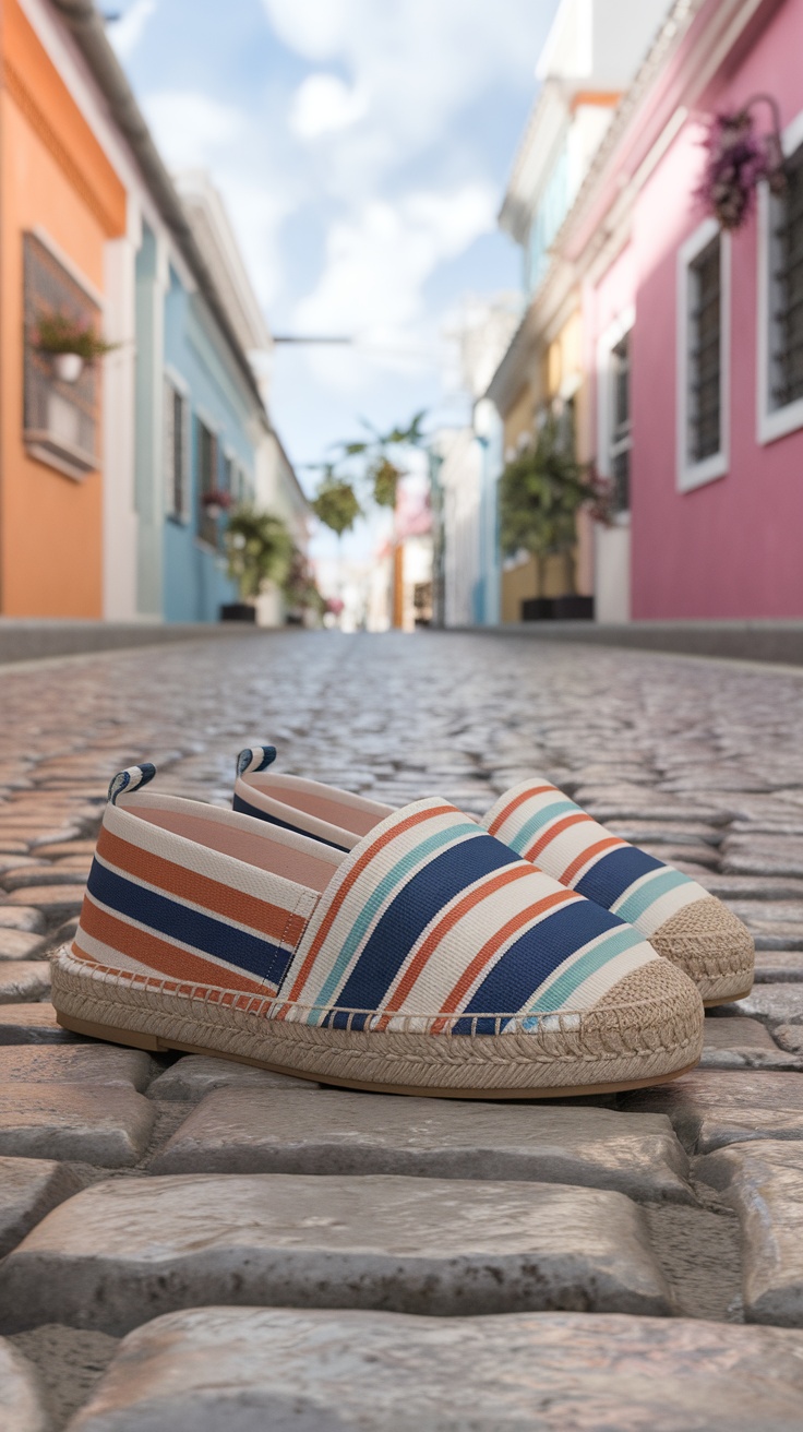 Colorful espadrilles on a cobblestone street in Mexico