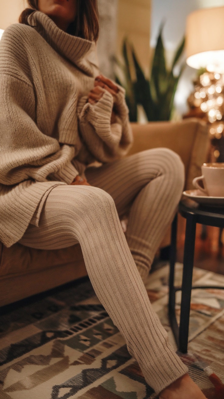 A person wearing cozy, ribbed leggings and a soft sweater while sitting on a couch.