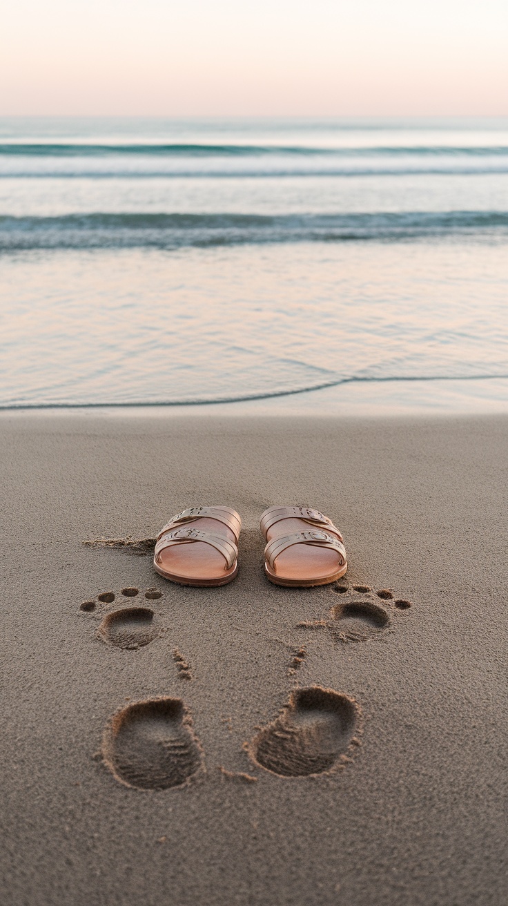 A pair of comfortable sandals on the beach with footprints in the sand.