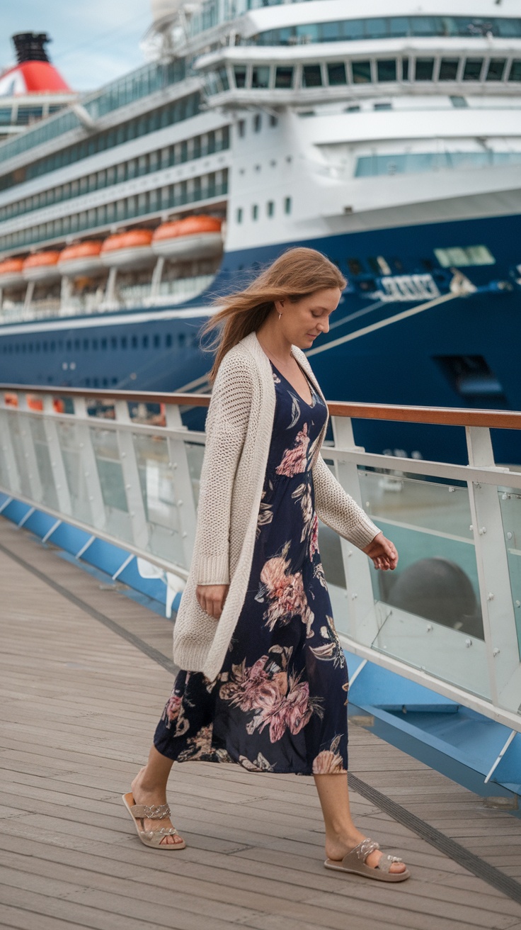 A woman walking on a cruise ship deck, wearing a floral dress and comfortable sandals.