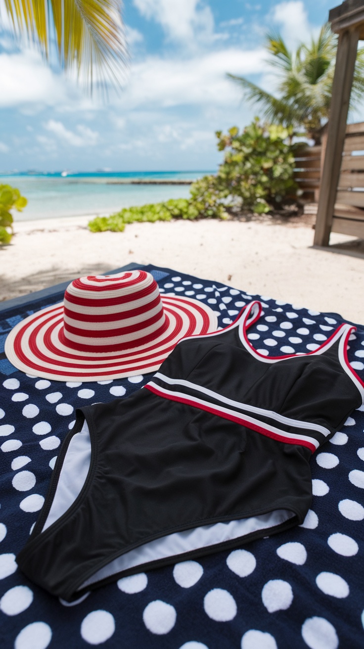 A black swimsuit with red and white stripes alongside a matching striped sun hat on a polka dot towel by the beach.