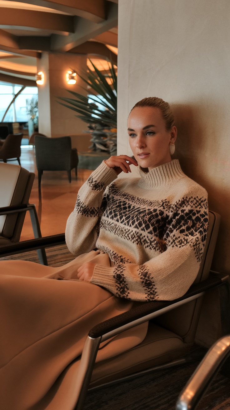 A woman in a cozy sweater and relaxed pants, seated comfortably in a modern lounge.