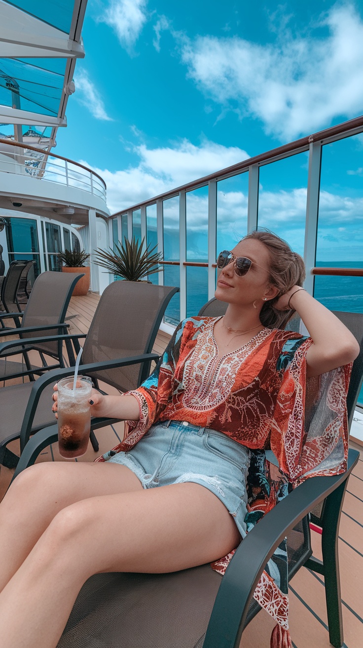 A woman relaxing on a cruise ship in a boho tunic and shorts, enjoying a drink.