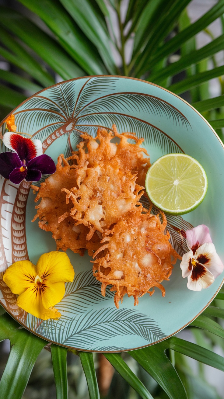 Plate of conch fritters garnished with lime and edible flowers