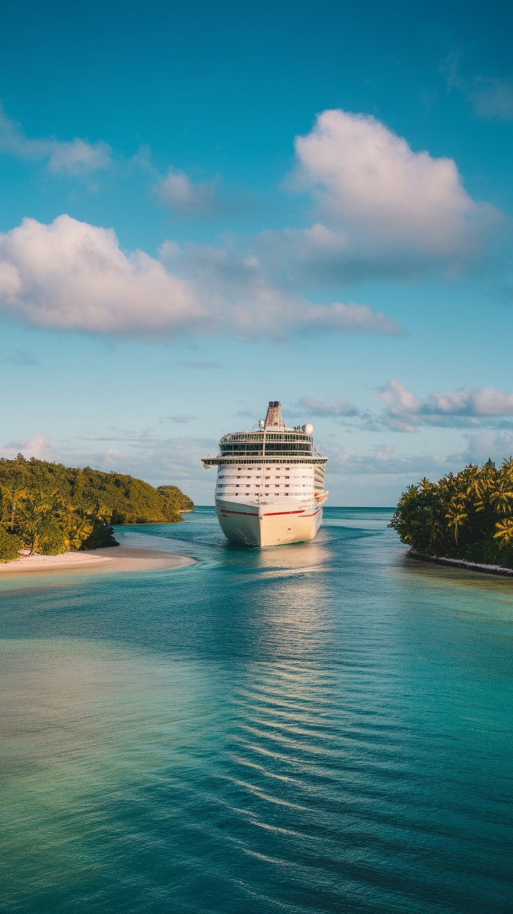 A cruise ship sailing through calm waters near tropical islands.