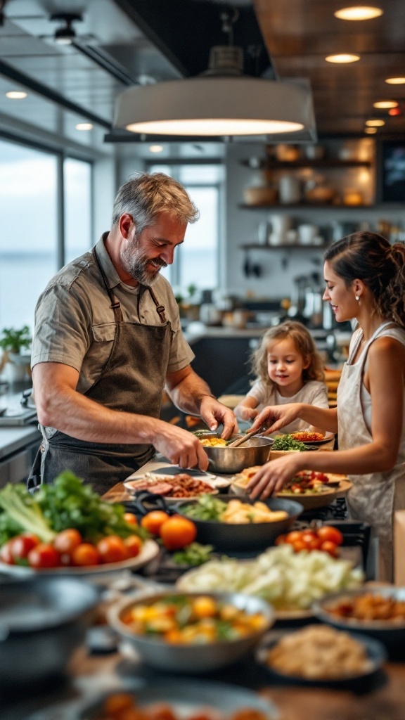 Family cooking together in a bright kitchen, preparing meals with fresh ingredients.