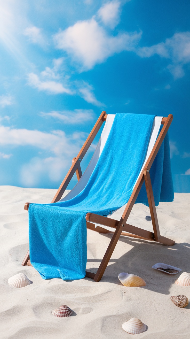 A blue cooling towel draped over a wooden lounge chair on a sandy beach with seashells.