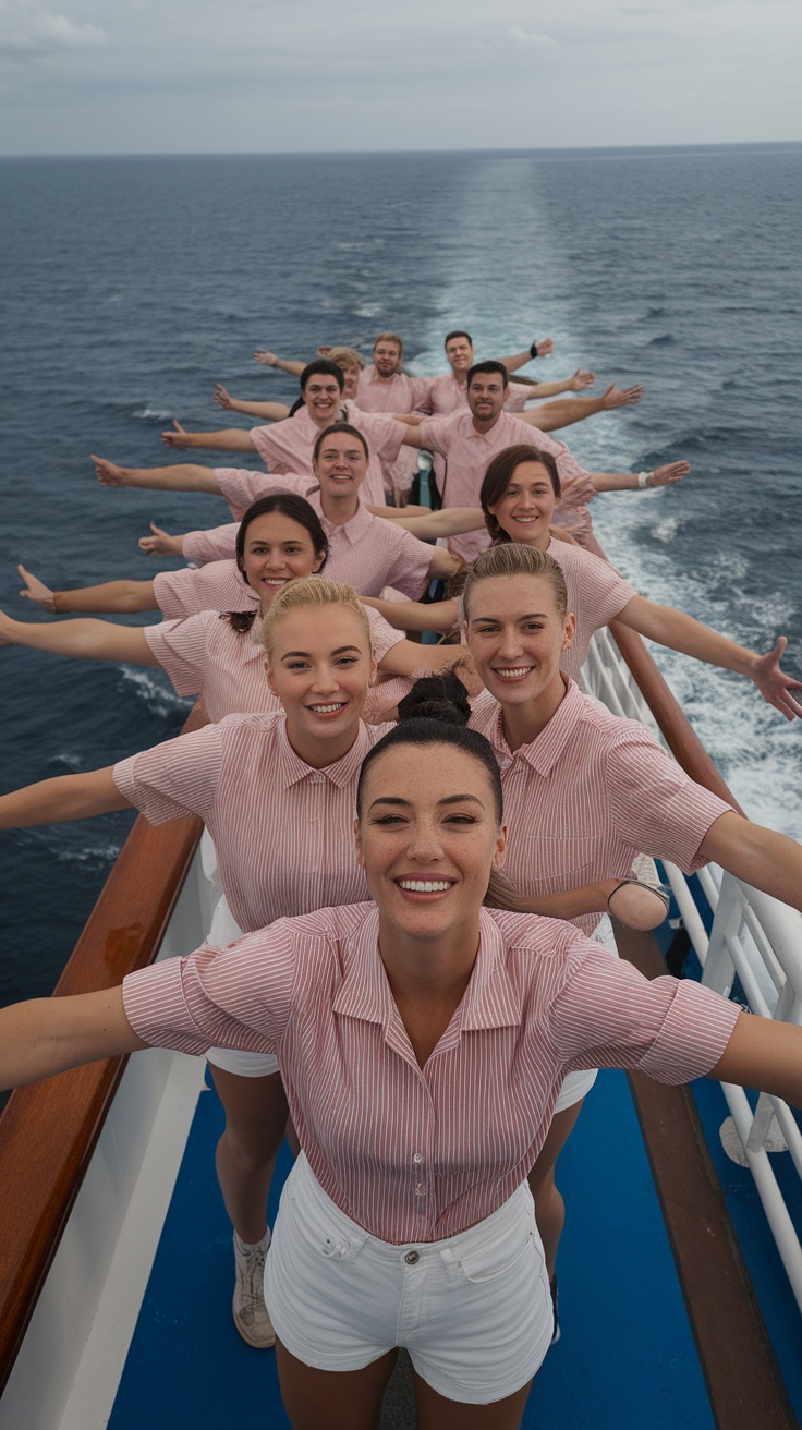 Group of people wearing matching outfits on a cruise ship, posing happily with arms outstretched.