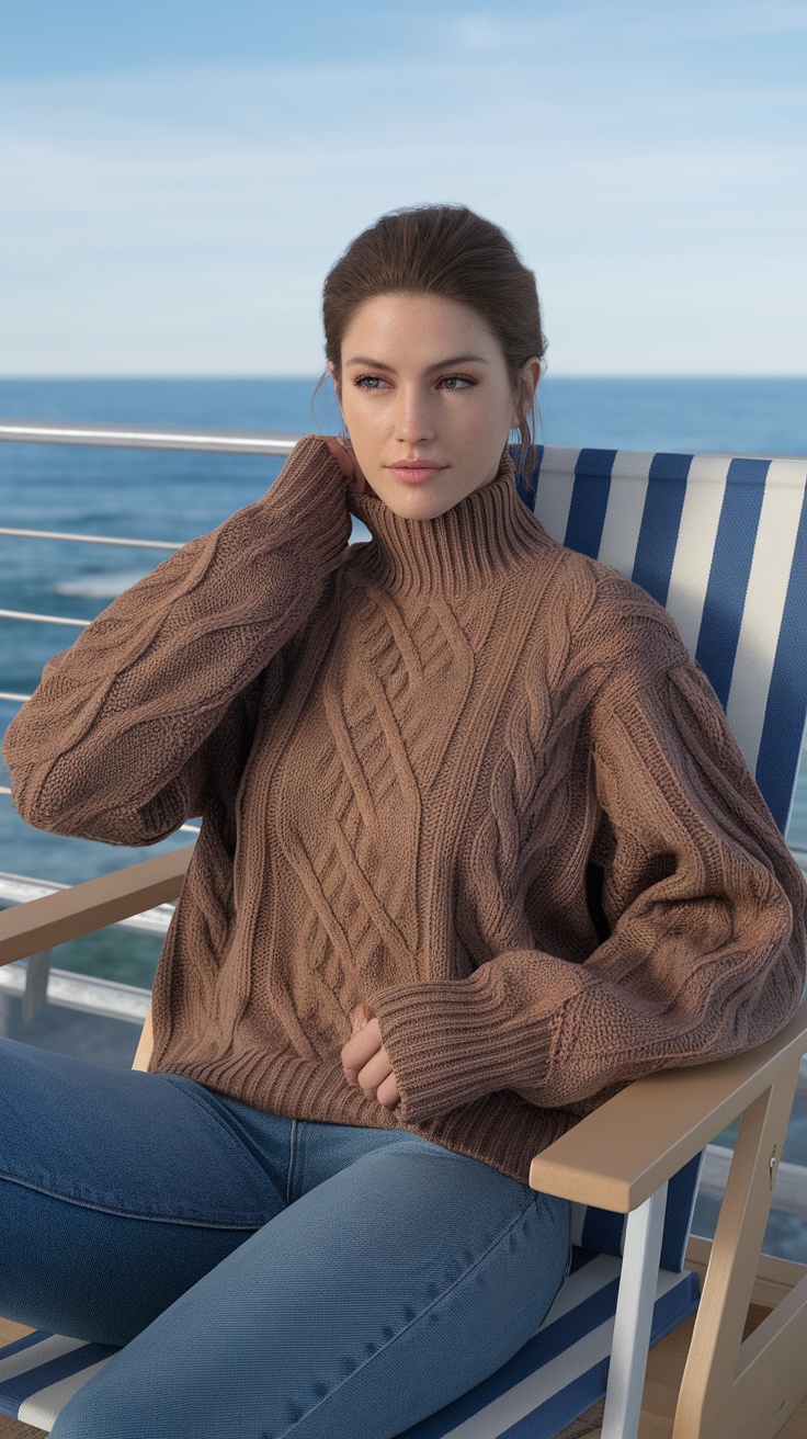 A woman wearing a cozy cable knit sweater on a cruise ship.