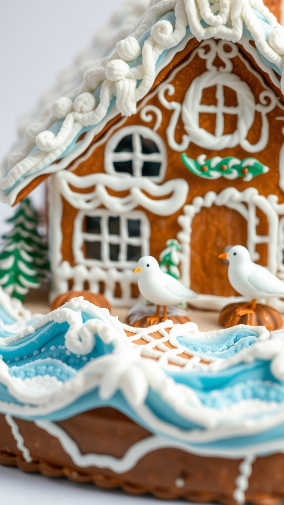 A gingerbread house with a snowy roof, decorated with icing, featuring seagulls and ocean waves.