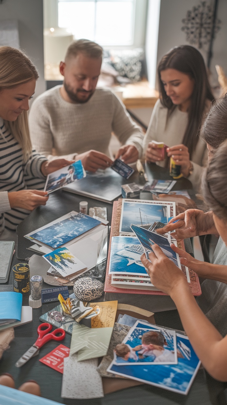 A group of people creating a scrapbook together, surrounded by photos and craft supplies.
