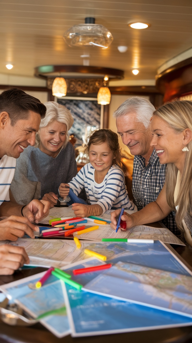 A family gathered around a table discussing travel plans and exploring maps with markers.