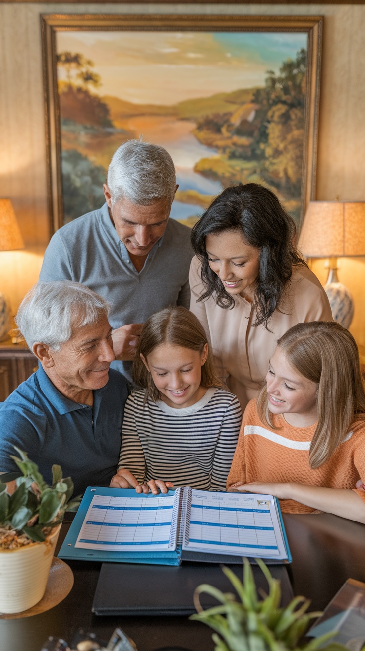 A family happily planning their Caribbean cruise itinerary together.