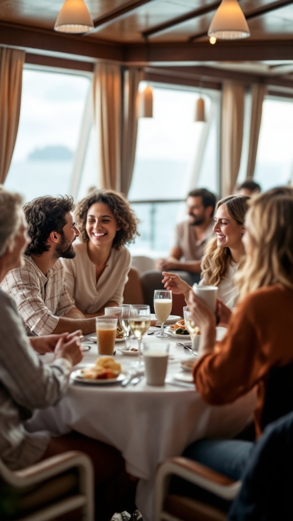 A group of friends enjoying a meal together on a cruise ship, laughing and sharing stories.