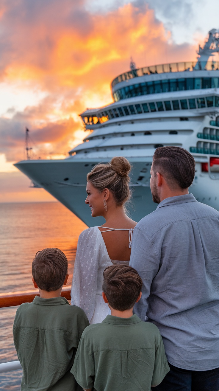 A family enjoying a sunset view aboard a cruise ship