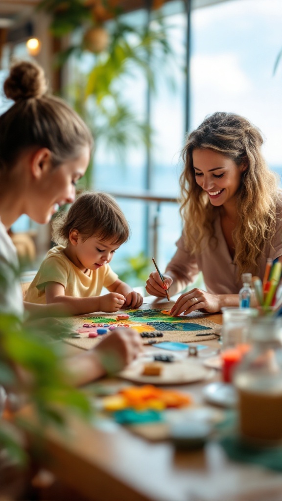 Family engaged in creative art and craft activities on a cruise