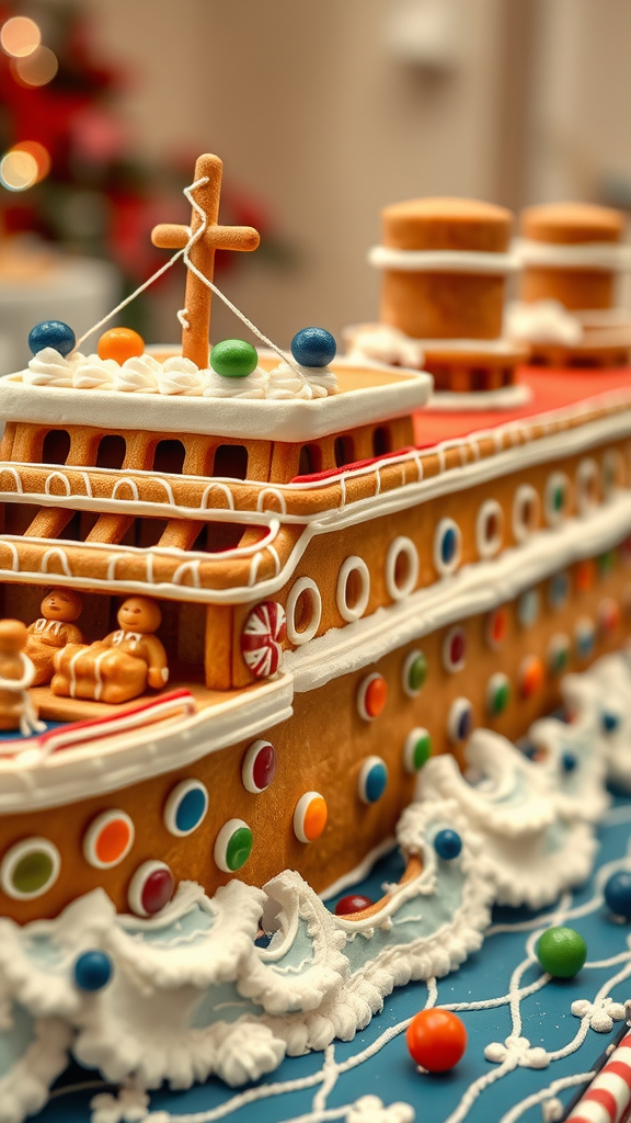 A gingerbread cruise ship decorated with colorful candies and frosting waves.