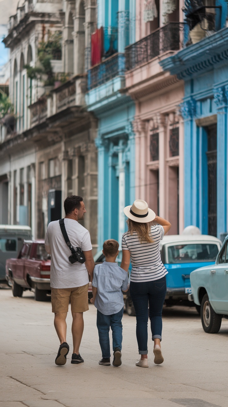 Family walking through colorful streets in Cuba