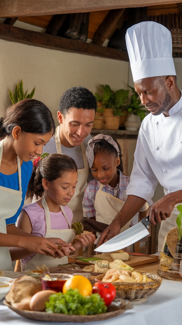 A family enjoying a culinary class with a local chef, preparing Caribbean dishes together.
