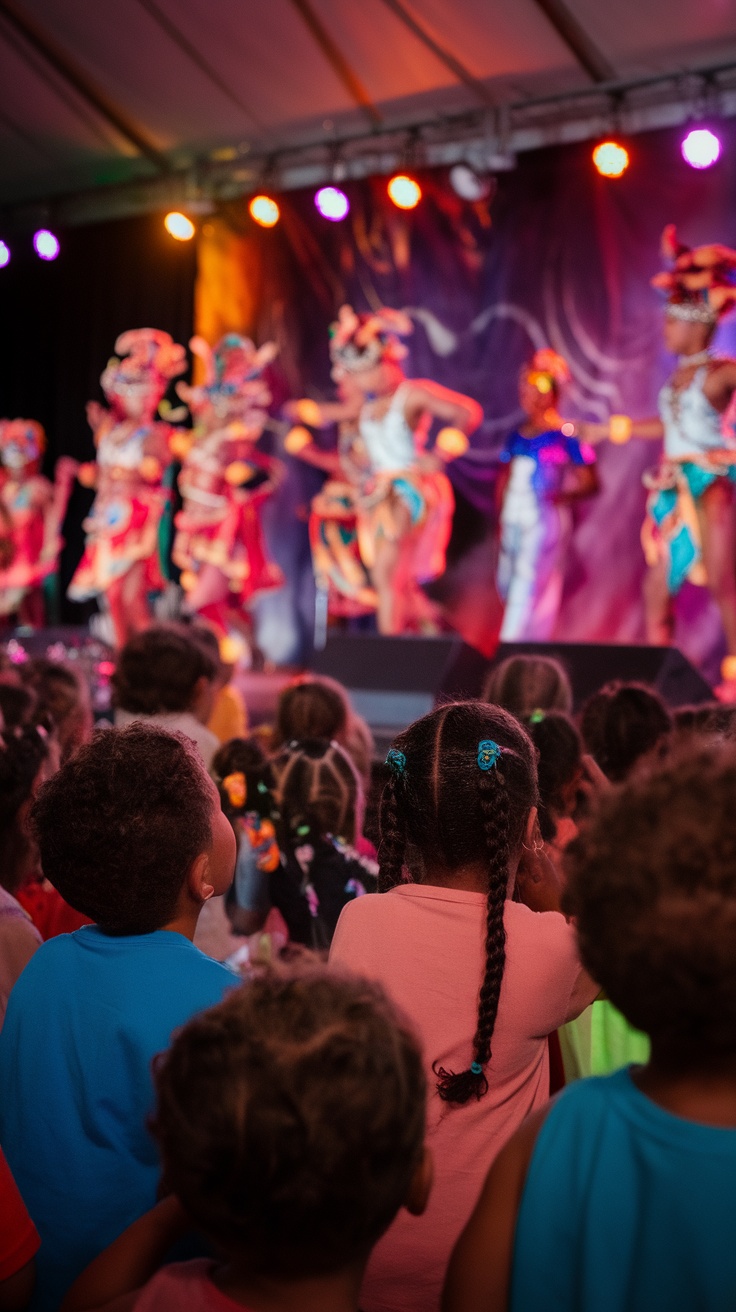 Children watching a cultural dance performance in Barbados.