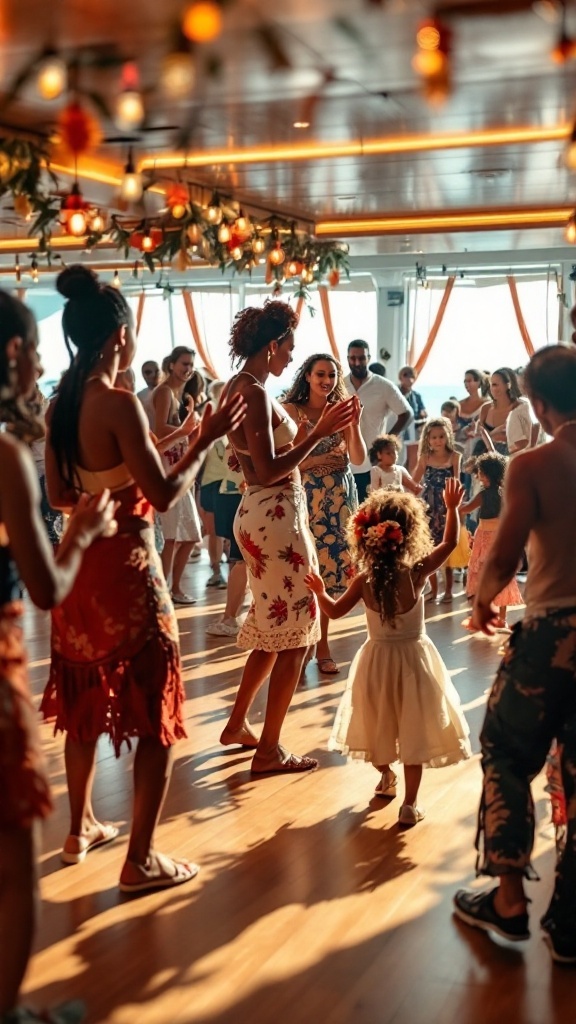 Family participating in a cultural dance workshop on a Caribbean cruise