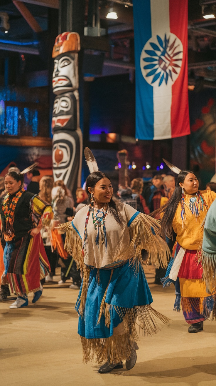 Indigenous dancers performing in traditional attire during a cultural event in Alaska.