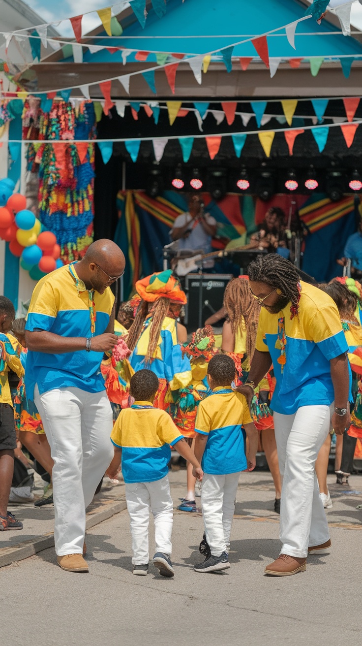 A family enjoying a colorful festival in Barbados, showcasing local culture and traditions.